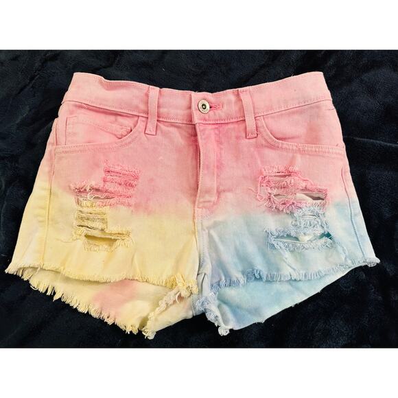 NWOT Y2K GYPSY WARRIOR TIE DYE PASTEL DENIM DAISY DUKES CUTOFFS SHORTS S - Picture 2 of 6